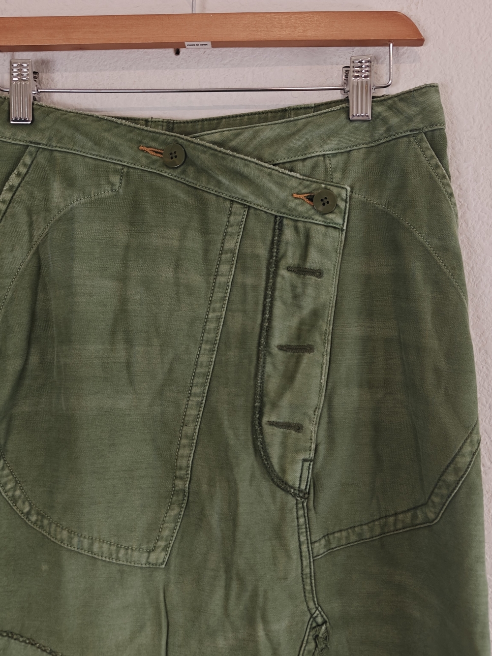 Free People Army Green Utility Wrap Midi Skirt Boho Cargo Patchwork Cotton L - Picture 6 of 11